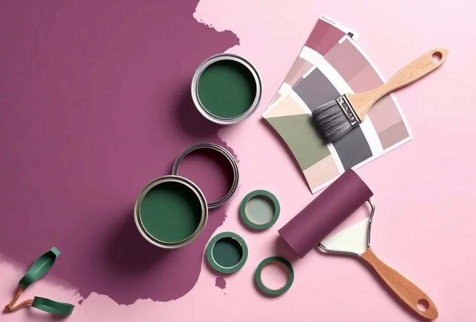 Pots de peinture, nuancier, brosses et rouleaux disposés à plat