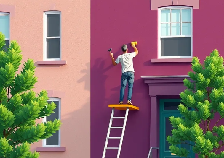 Peintre sur échafaudage traitant la façade d'une maison