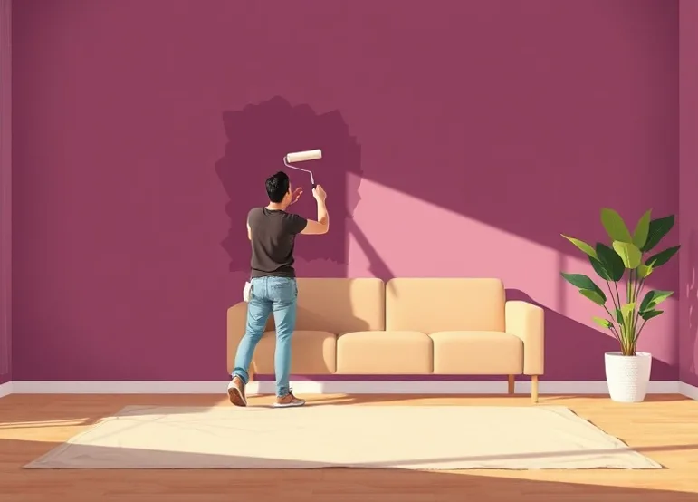 Peintre appliquant la peinture au rouleau sur un mur de salon